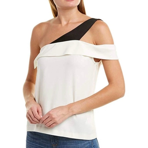NWT Ramy Brook Luca One Shoulder Classic Top Cream Black Size L Preppy Evening - Picture 1 of 7
